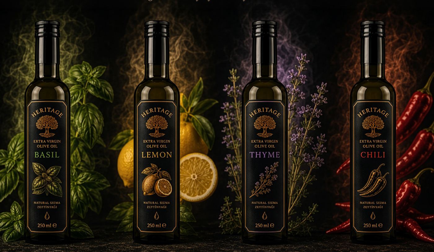 Heritage Aromatic Collection: fesleğen, limon, kekik ve acı biber aromalı zeytinyağları